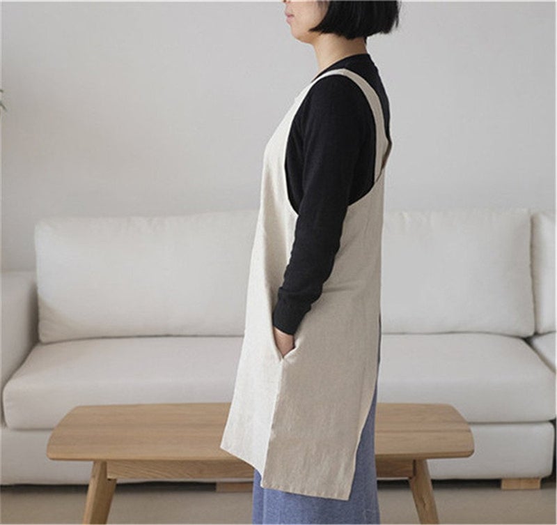 AOBBYBBS Soft Cotton Linen Apron Solid Color Halter Cross Bandage Aprons Japanese Style X Shape Double Pockets Kitchen Cooking Clothes Gift for Women Chef Housewarming -Beige - Image 4